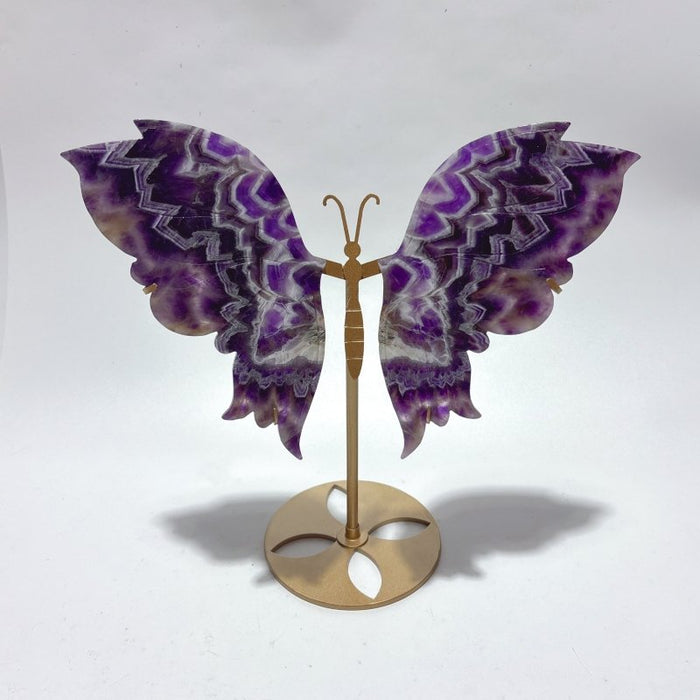 Large Chevron Amethyst Symmetry Butterfly Carving With Stand