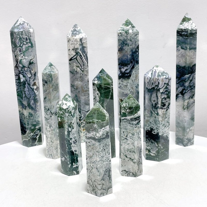 10 Pieces Moss Agate Tower Points Mixed Size Closeout(5.6-10.5in)