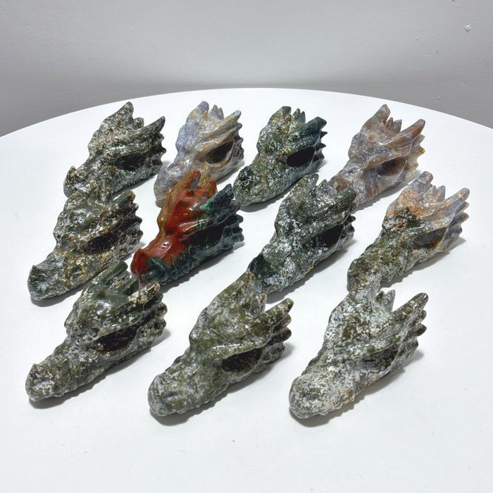 11 Pieces Large Colorful Moss Agate Dragon Head Carving