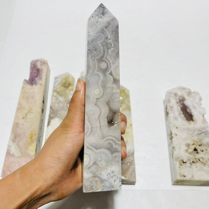 6 Pieces Large Pink Sakura Flower Agate Geode Four-Sided Points