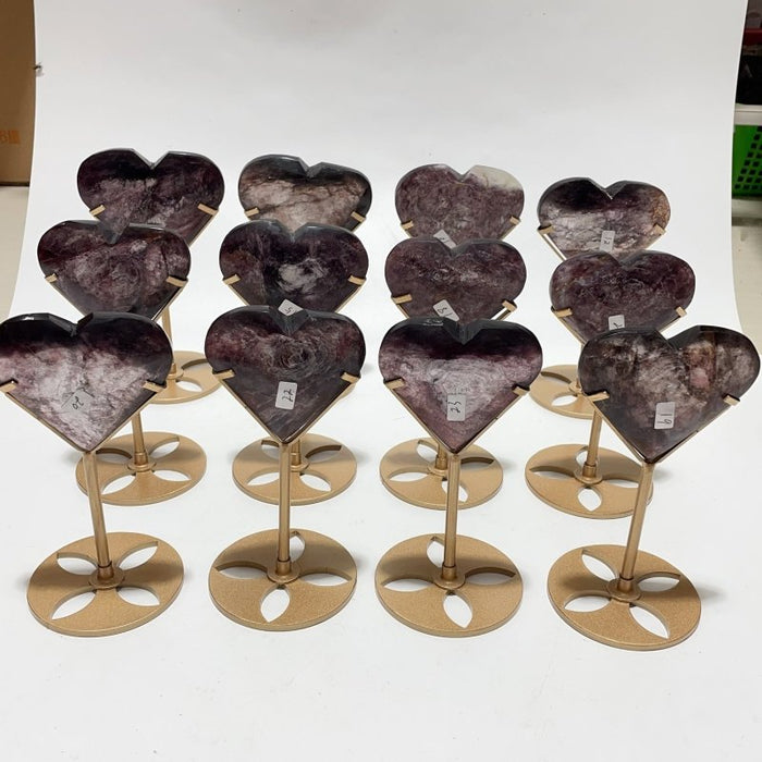 12 Pieces High Quality Flash Lepidolite Heart With Stand