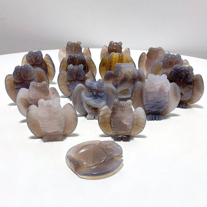 17 Pieces Geode Druzy Agate Owl Carving