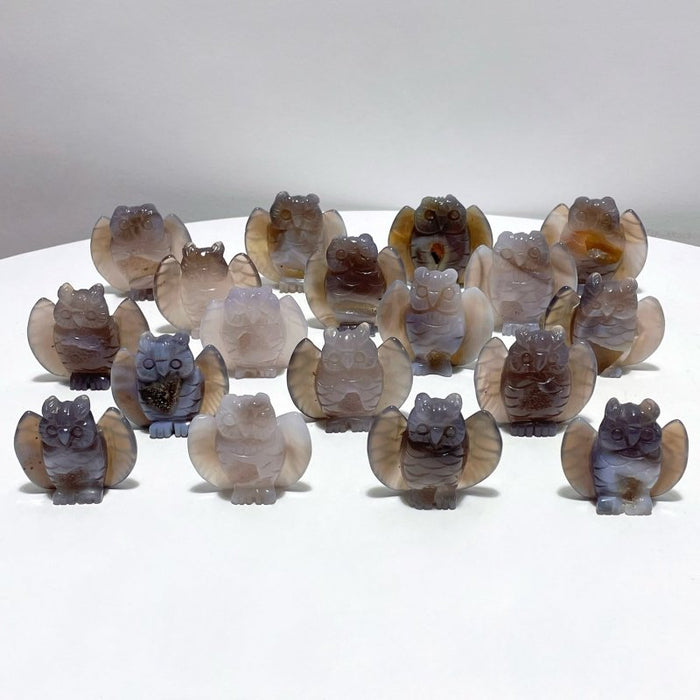 18 Pieces Geode Druzy Agate Owl Carving