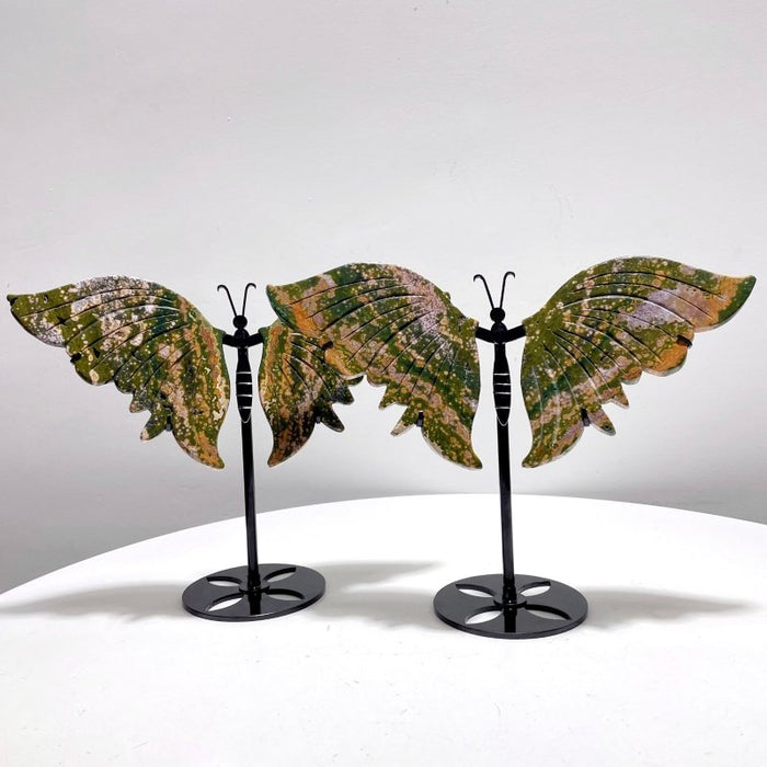 2 Pairs 8th Vein Ocean Jasper Butterfly Wing Carving With Stand
