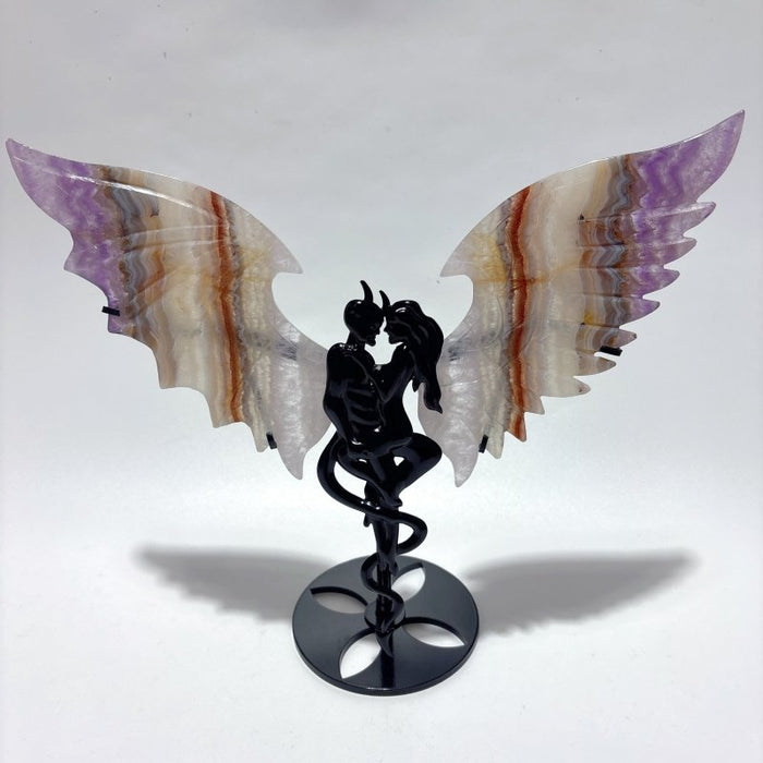 2 Pairs Amethyst Mixed Agate Demon And Angel Symmetry Wing Carving With Stand