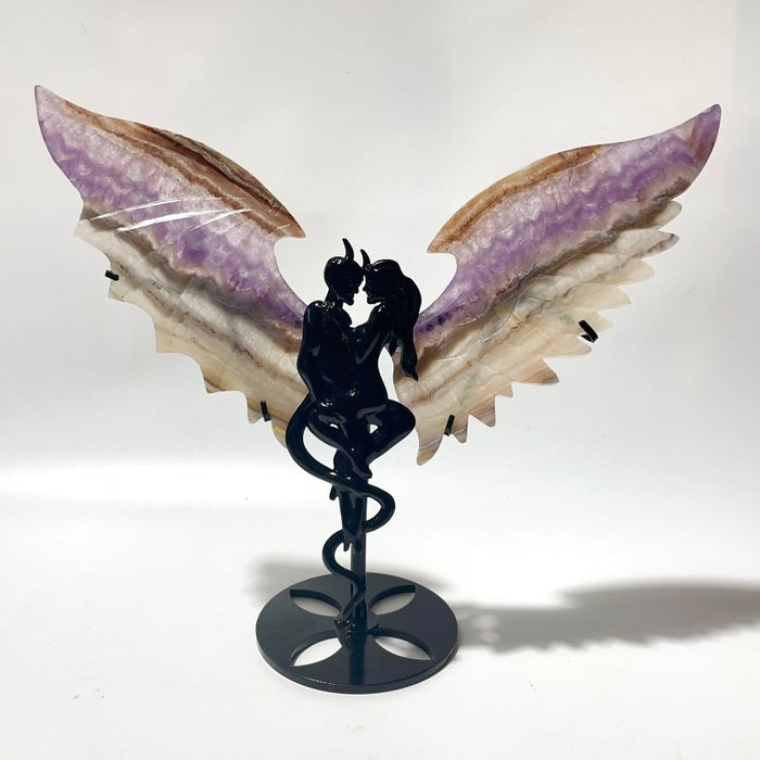 2 Pairs Amethyst Mixed Striped Agate Demon And Angel Wing Carving With Stand