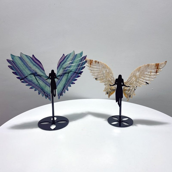 2 Pairs Angel Wing With Stand Fluorite Coral Jade