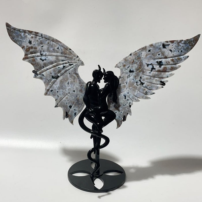 2 Pairs Beautiful Agate Demon And Angel Wing Carving With Stand