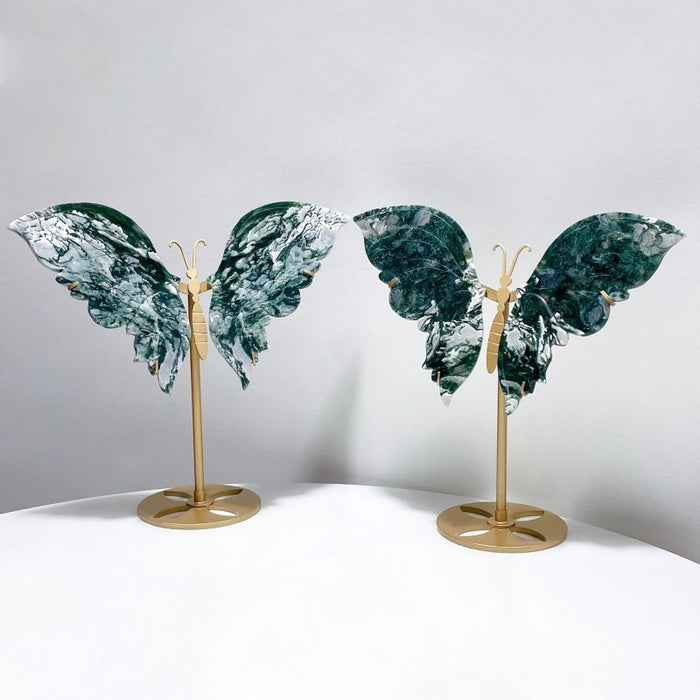 2 Pairs Beautiful Moss Agate Butterfly Wing With Stand