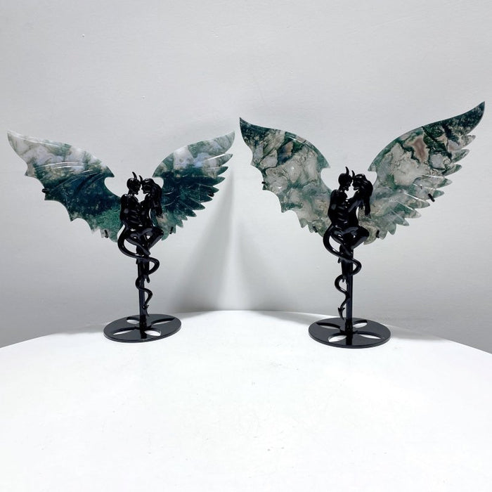 2 Pairs Beautiful Moss Agate Demon And Angel Wing Carving With Stand