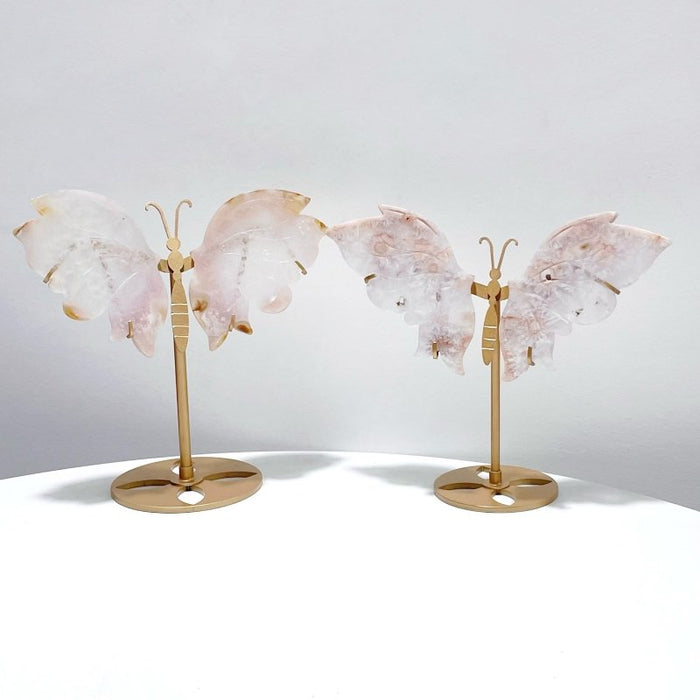 2 Pairs Beautiful Pink Flower Agate Butterfly Wing Carving With Stand