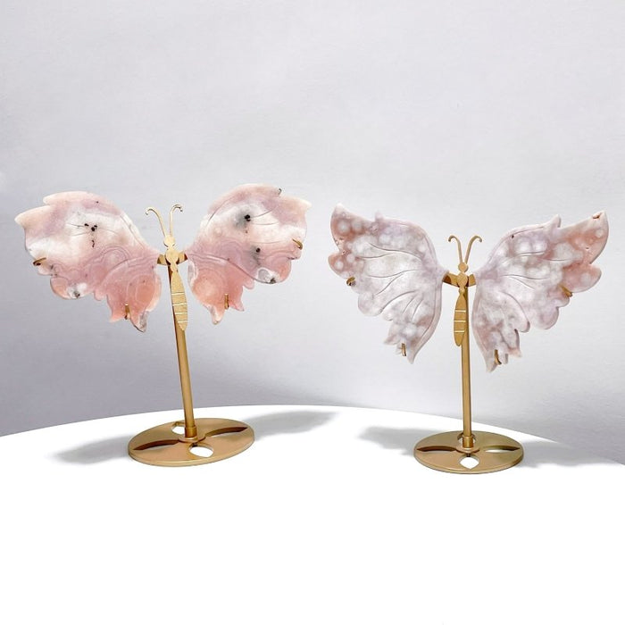 2 Pairs Beautiful Pink Sakura Agate Butterfly Wing Carving With Stand