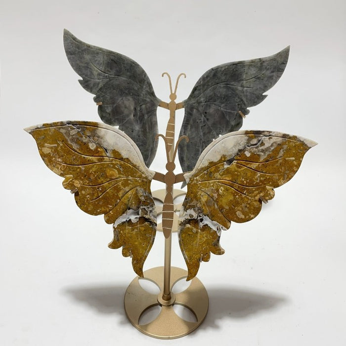 2 Pairs Butterfly Wing Carving With Stand Labradorite Crazy Agate