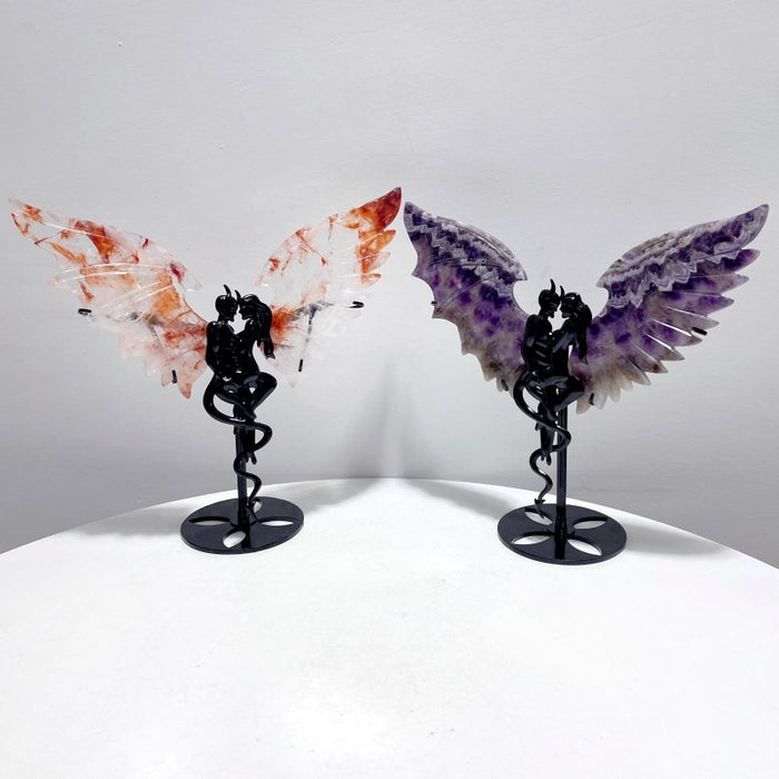 2 Pairs Demon and Angel Wing Carving With Stand Fire Quartz