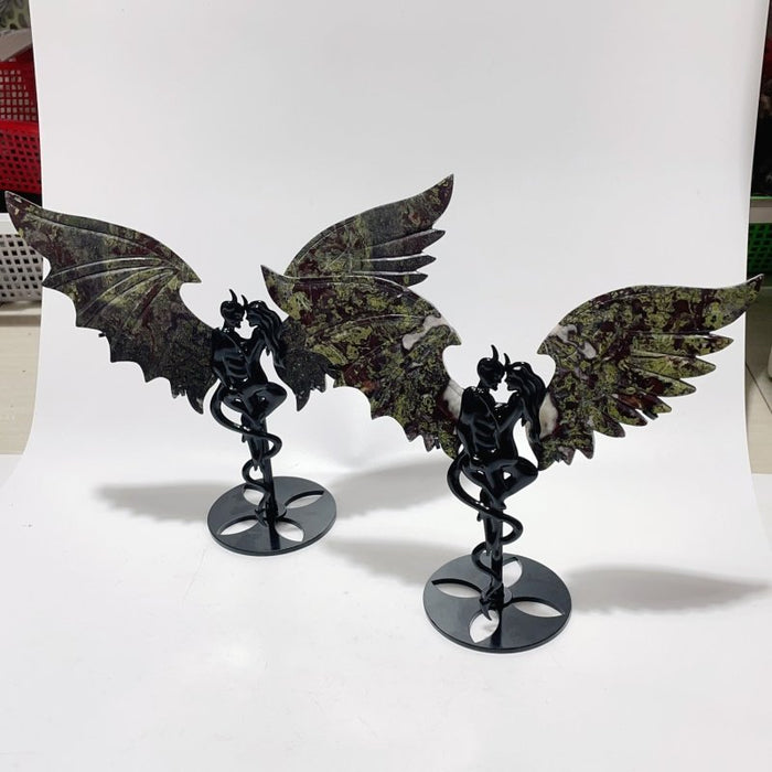 2 Pairs Dragon Blood Stone Demon And Angel Wing Carving With Stand