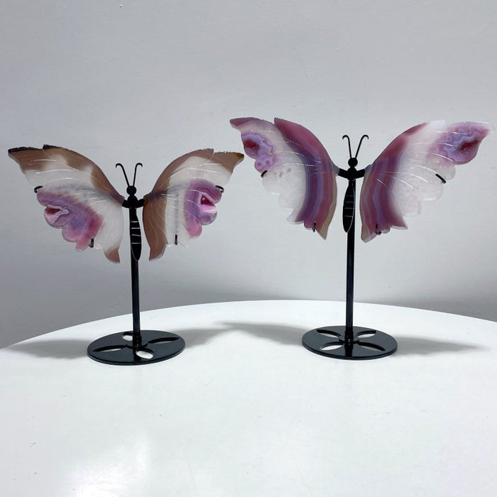 2 Pairs Dyed Geode Agate Butterfly Carving With Stand