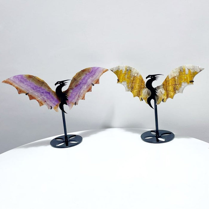 2 Pairs Flying Dragon Wing With Stand Amethyst Mixed Stripe Agate Crazy agate