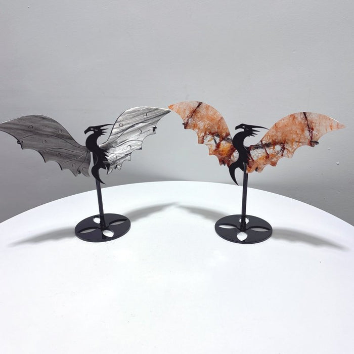 2 Pairs Flying Dragon Wing With Stand Fire Quartz Silver Obsidian