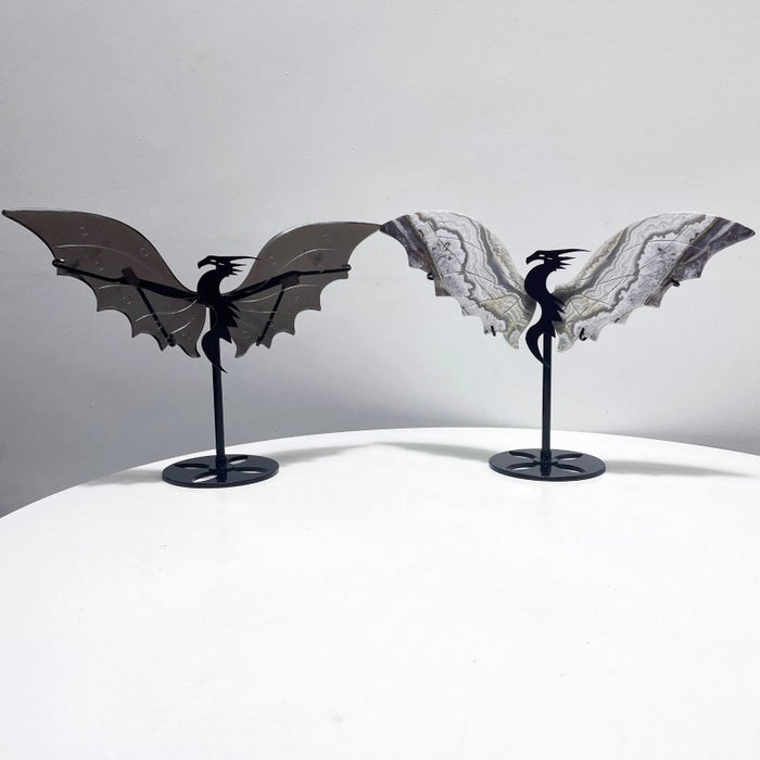 2 Pairs Flying Dragon Wing With Stand Morocco Agate Ice Obsidian