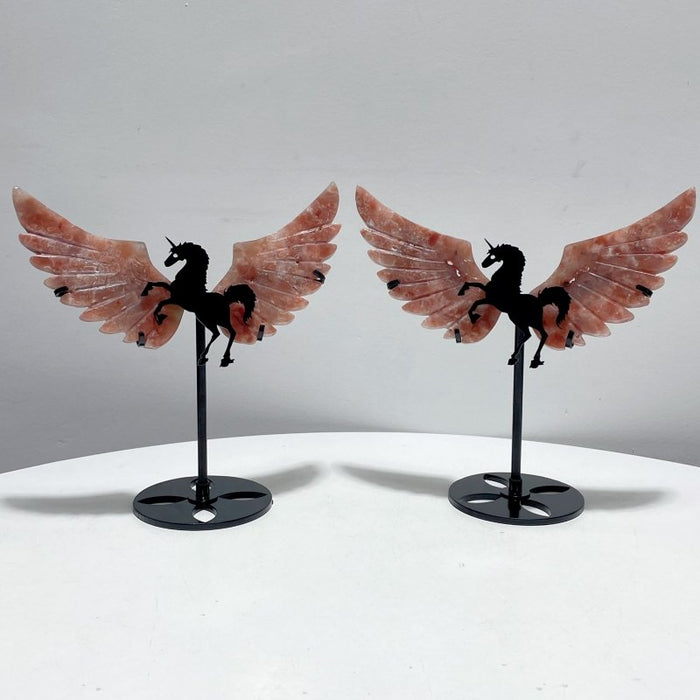 2 Pairs Pink Agate Pegasus Wing Crystal Carving With Stand