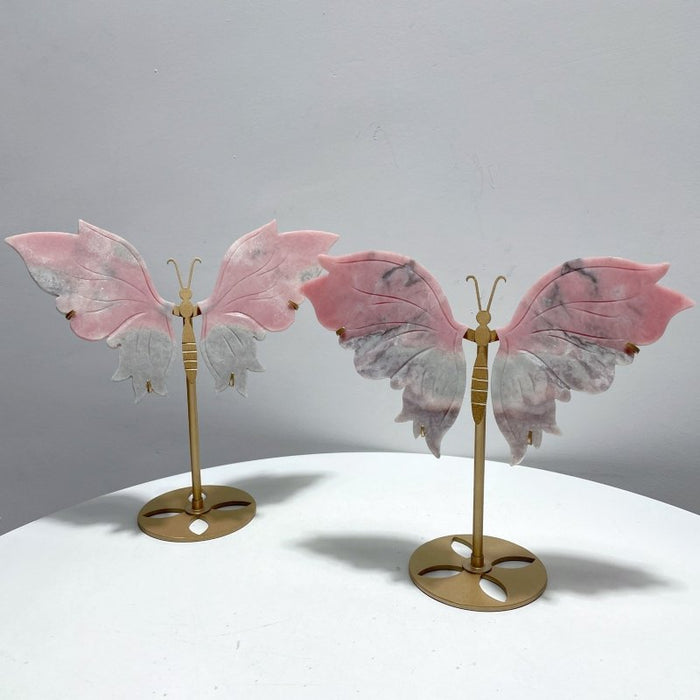 2 Pairs Pink Opal Butterfly Wing Carving With Stand