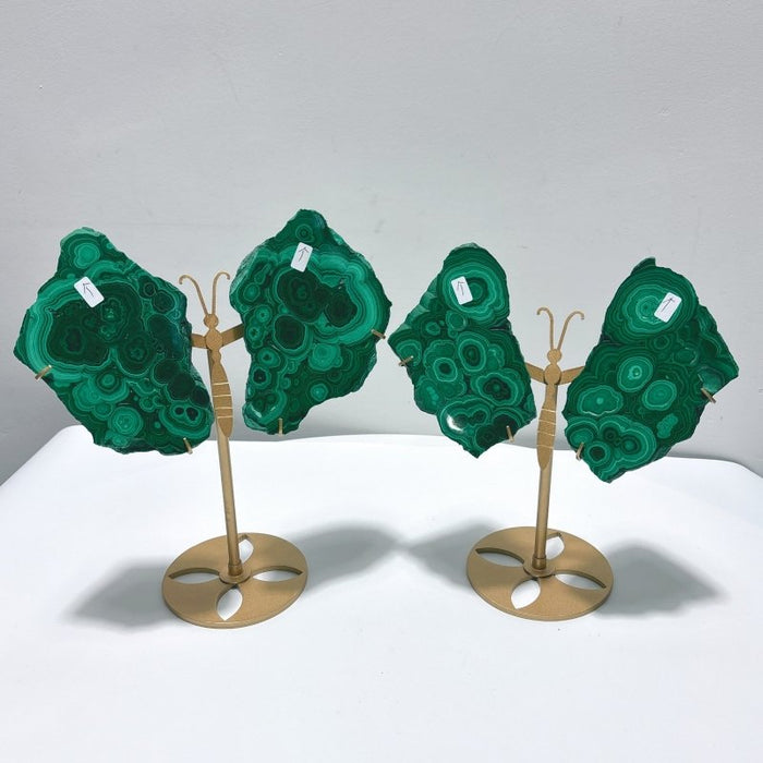 2 Pairs Polished Malachite Raw Slab Butterfly Wing Crystal Carving With Stand (#1)