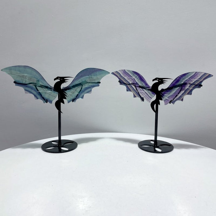 2 Pairs Rainbow Fluorite Flying Dragon Wing With Stand