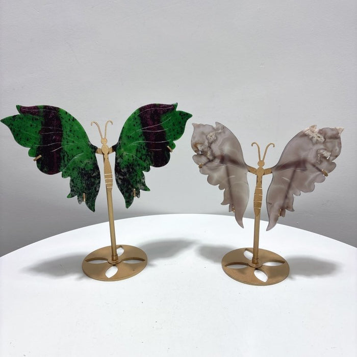 2 Pairs Ruby Zoisite&Black Sakura Agate Symmetry Butterfly Wing With Stand
