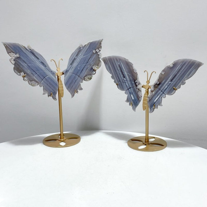 2 Pairs Stripe Agate Symmetry Butterfly Carving With Stand