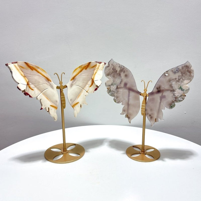2 Pieces Butterfly Carving With Stand Flower Agate Mookaite