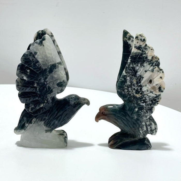 2 Pieces Moss Agate Eagle Carving