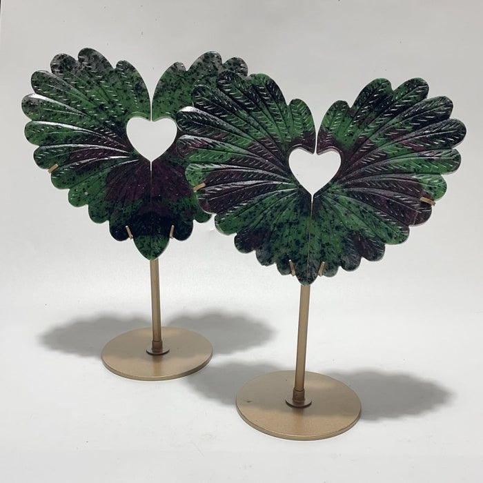 2 Pieces Ruby Zoisite Stone Feather Heart Carving With Stand