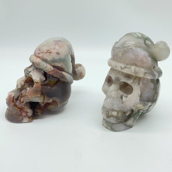 2 Pieces Sakura Flower Geode Druzy Agate Christmas Hat Skull Carving