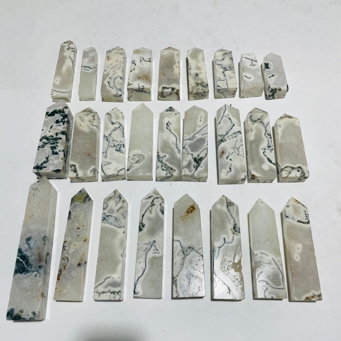 26 Pieces White Moss Agate Four-Sided Tower Points