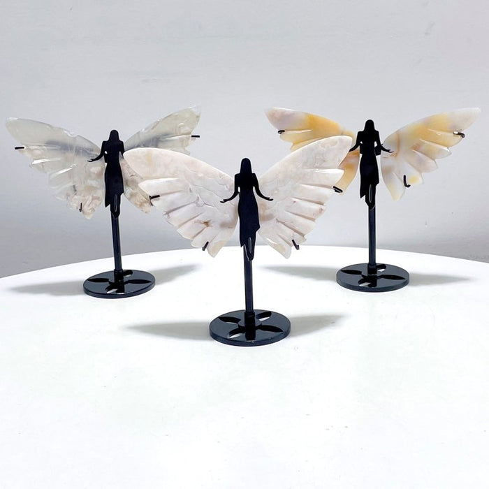 3 Pairs Agate Angel Wing Carving With Stand