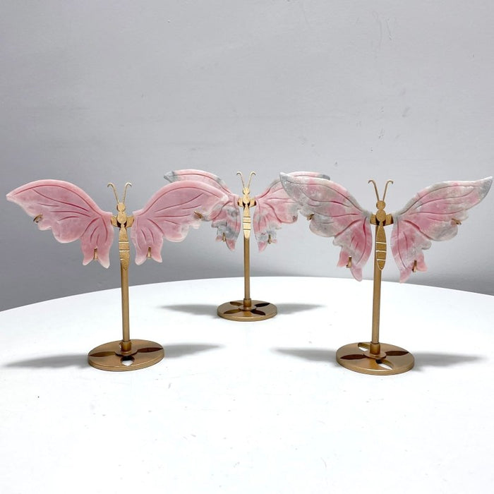 3 Pairs Cute Pink Opal Butterfly Wing Carving With Stand