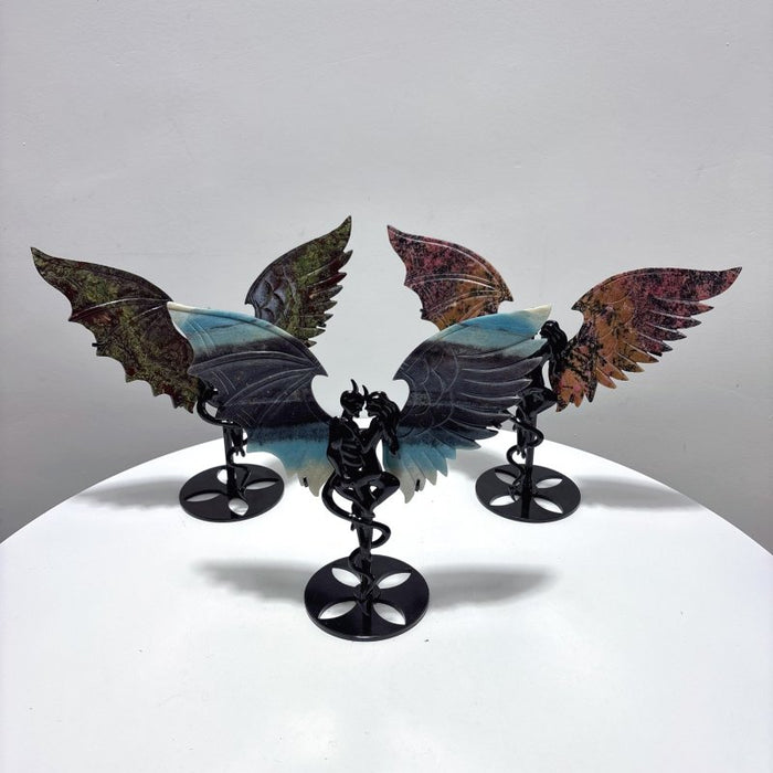 3 Pairs Demon And Angel Wing Carving With Stand Dragon Blood Rhodonite Trolleite