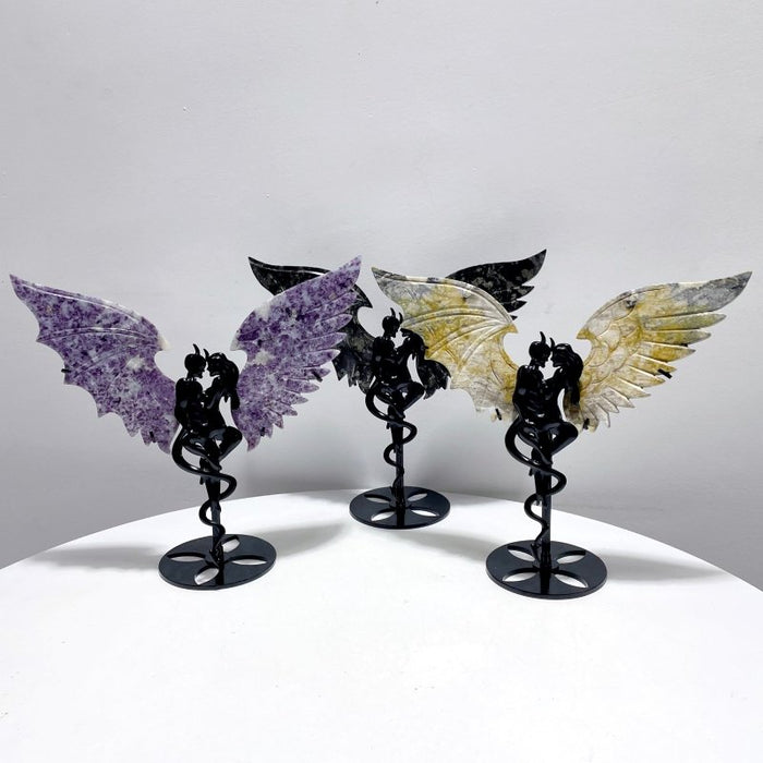 3 Pairs Demon And Angel Wing Carving With Stand Lepidolite Pyrite Crazy Agate