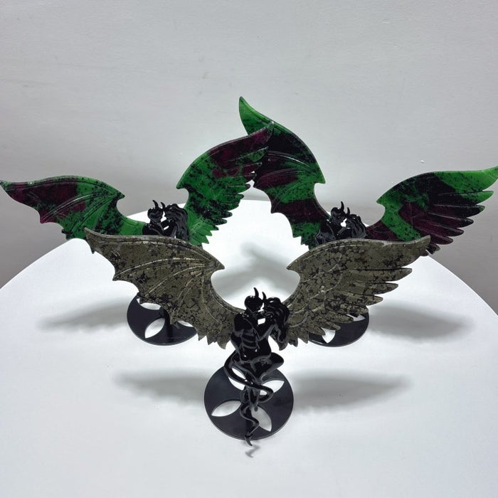 3 Pairs Demon and Angel Wing Carving With Stand Ruby Zoisite Pyrite