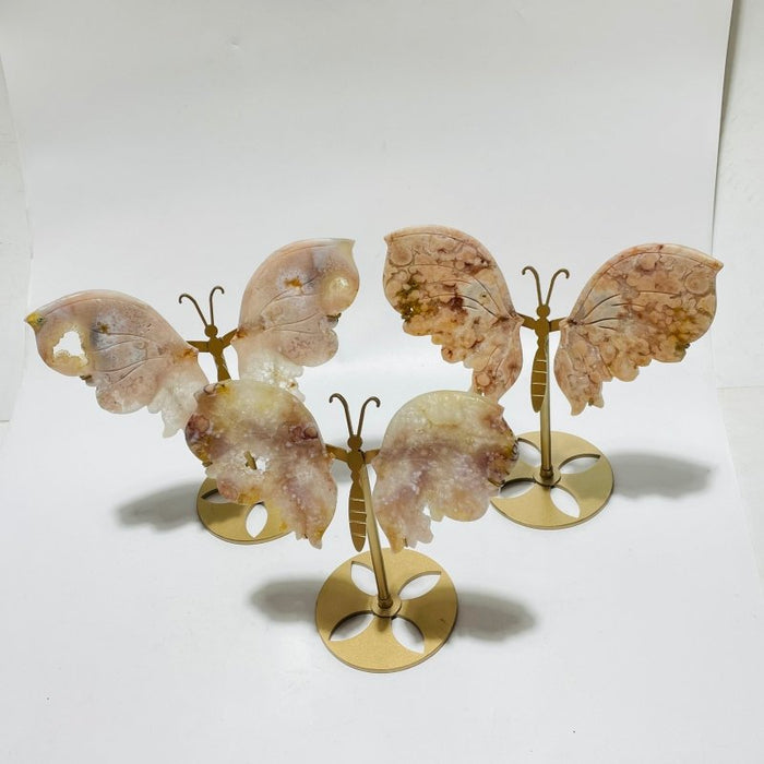 3 Pairs Geode Sakura Flower Agate Butterfly Wing Carving With Stand