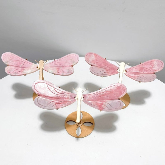 3 Pairs Pink Opal Dragonfly Wing Carving With Stand