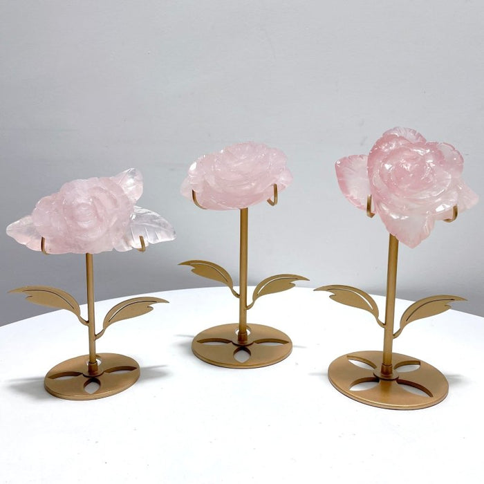 3 Pairs Rose Quartz Flower Carving With Stand