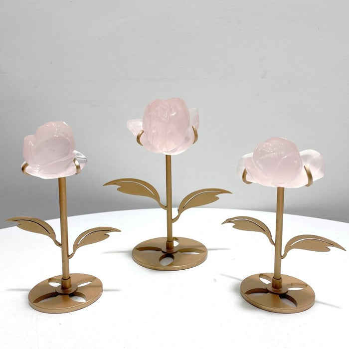 3 Pairs Rose Quartz Small Flower Carving With Stand