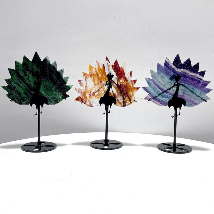 3 Pieces Beautiful Peacock With Stand Carving Fluorite Golden Hematoid Quartz
