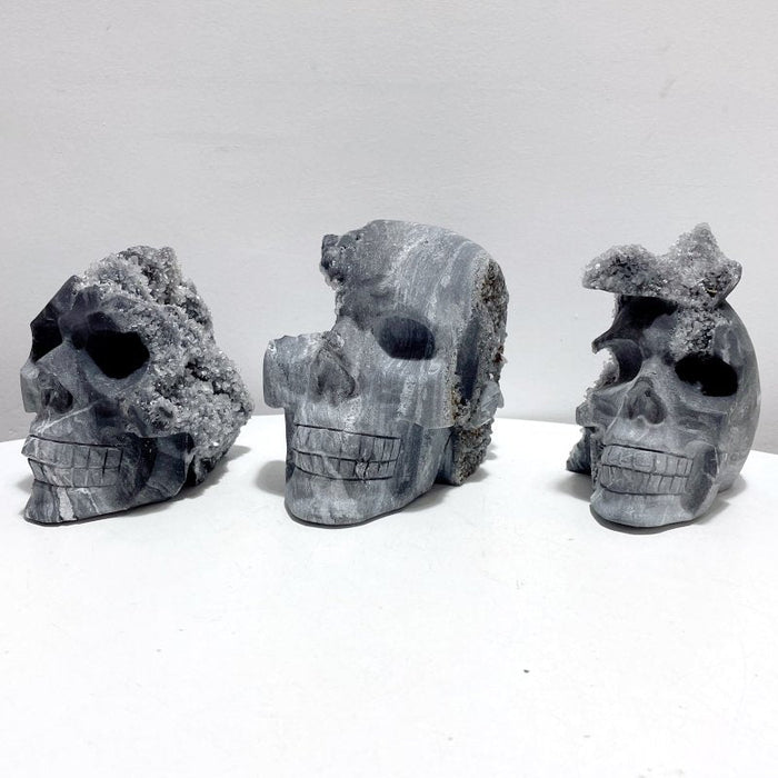 3 Pieces Black Clear Quartz Cluster (Mixed Pyrite) Skull Carving