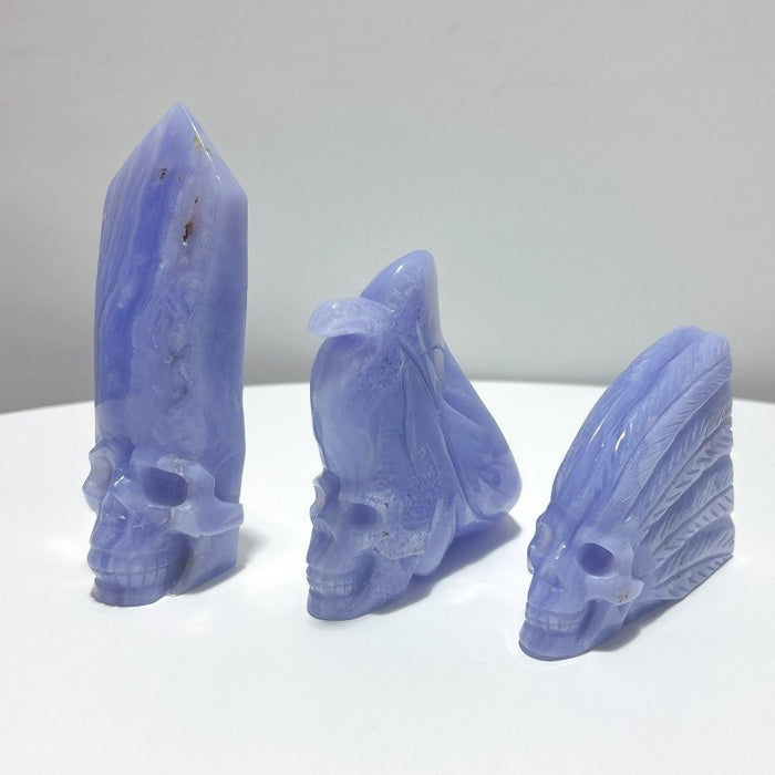 3 Pieces High Quality Blue Lace Agate Skull Carving