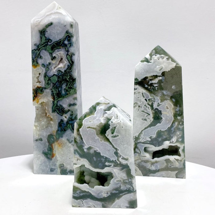 3 Pieces Large Druzy Moss Agate Geode Four-Sided Tower
