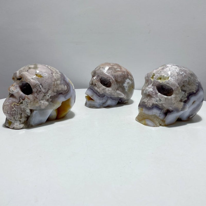 3 Pieces Large Geode Sakura Flower Agate Skull Carving