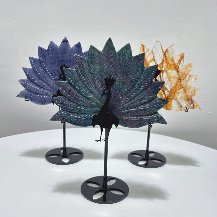 3 Pieces Peacock Crystal Carving With Stand Blue Aventurine Ruby In Kyanite