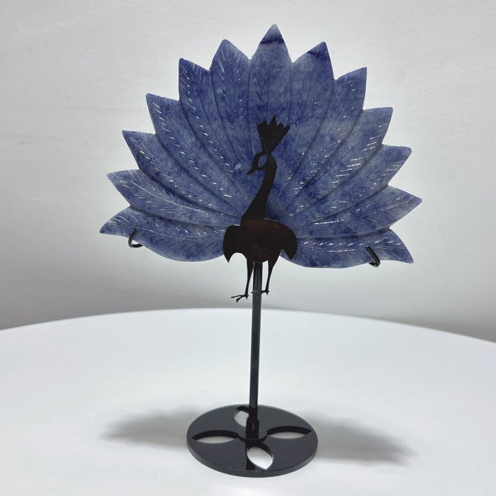 3 Pieces Peacock Crystal Carving With Stand Blue Aventurine Ruby In Kyanite